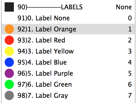 Keyboard Maestro palette for Path Finder showing Label colors